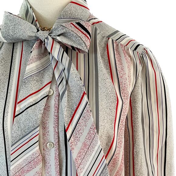 Vintage Devon striped neck bow secretary blouse red gray white size large L - Picture 2 of 9